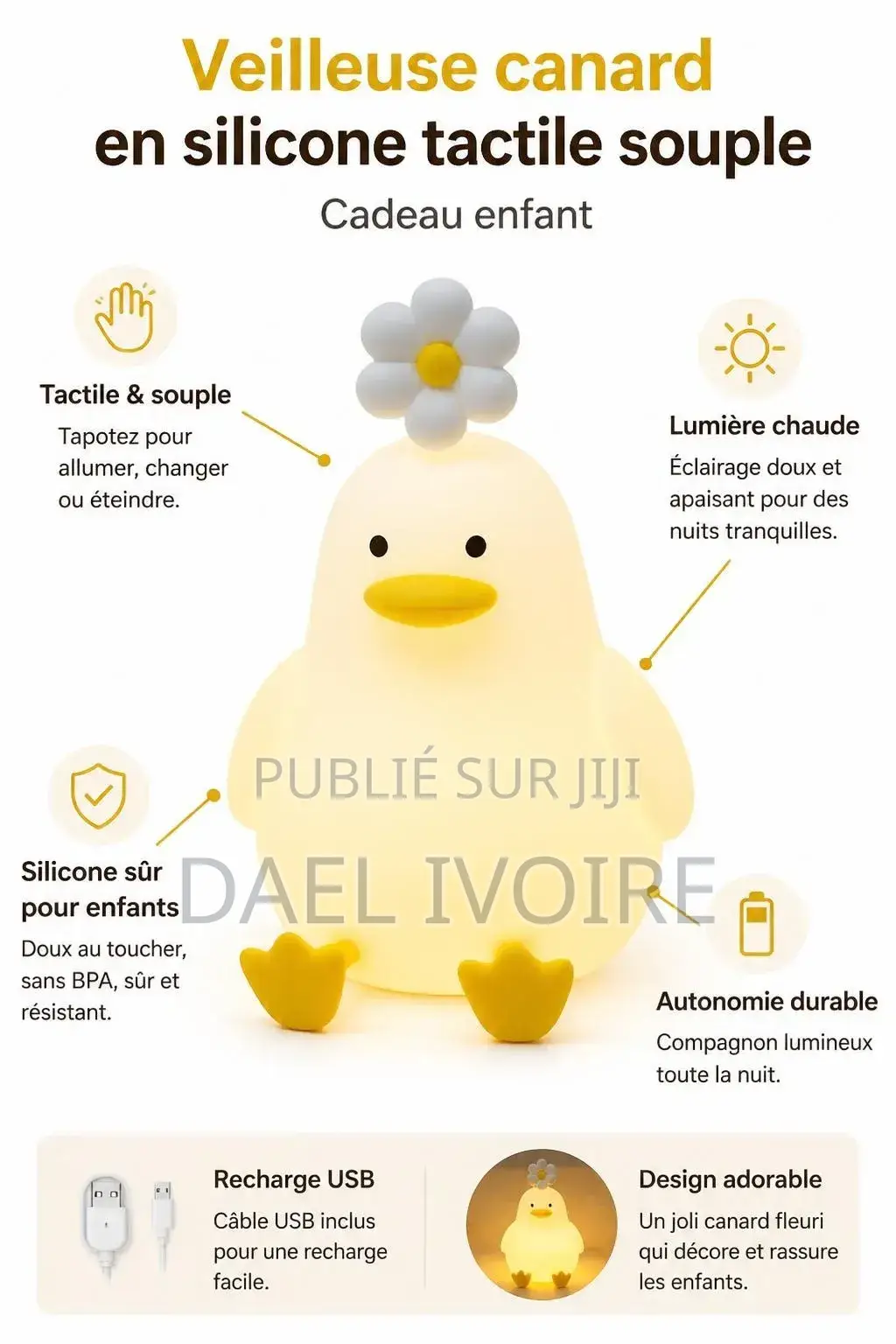 Veilleuse Canard en Silicone Tactile Souple Cadeau Enfant