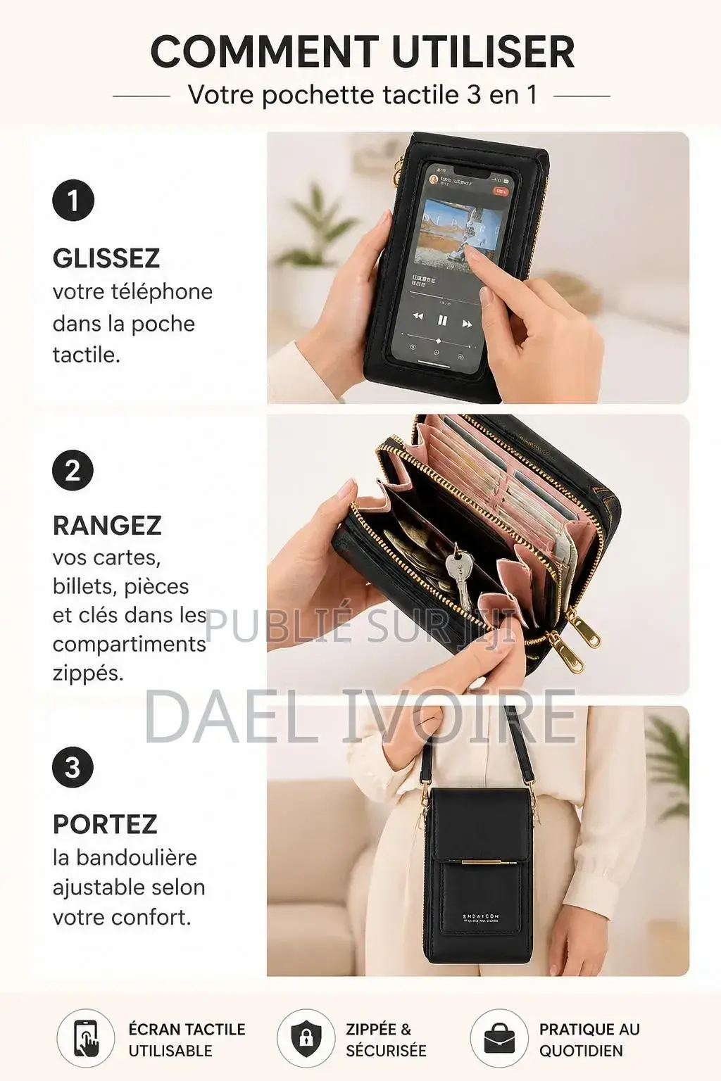 Pochette Tactile Pour Téléphone, Sac Bandoulière Femme, Porte-Monnaie