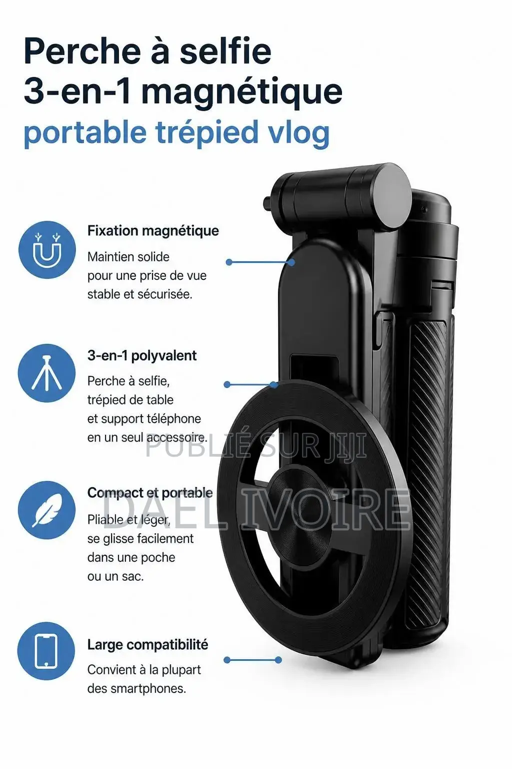 Perche À Selfie 3-en-1 Magnétique Portable Trépied Vlog
