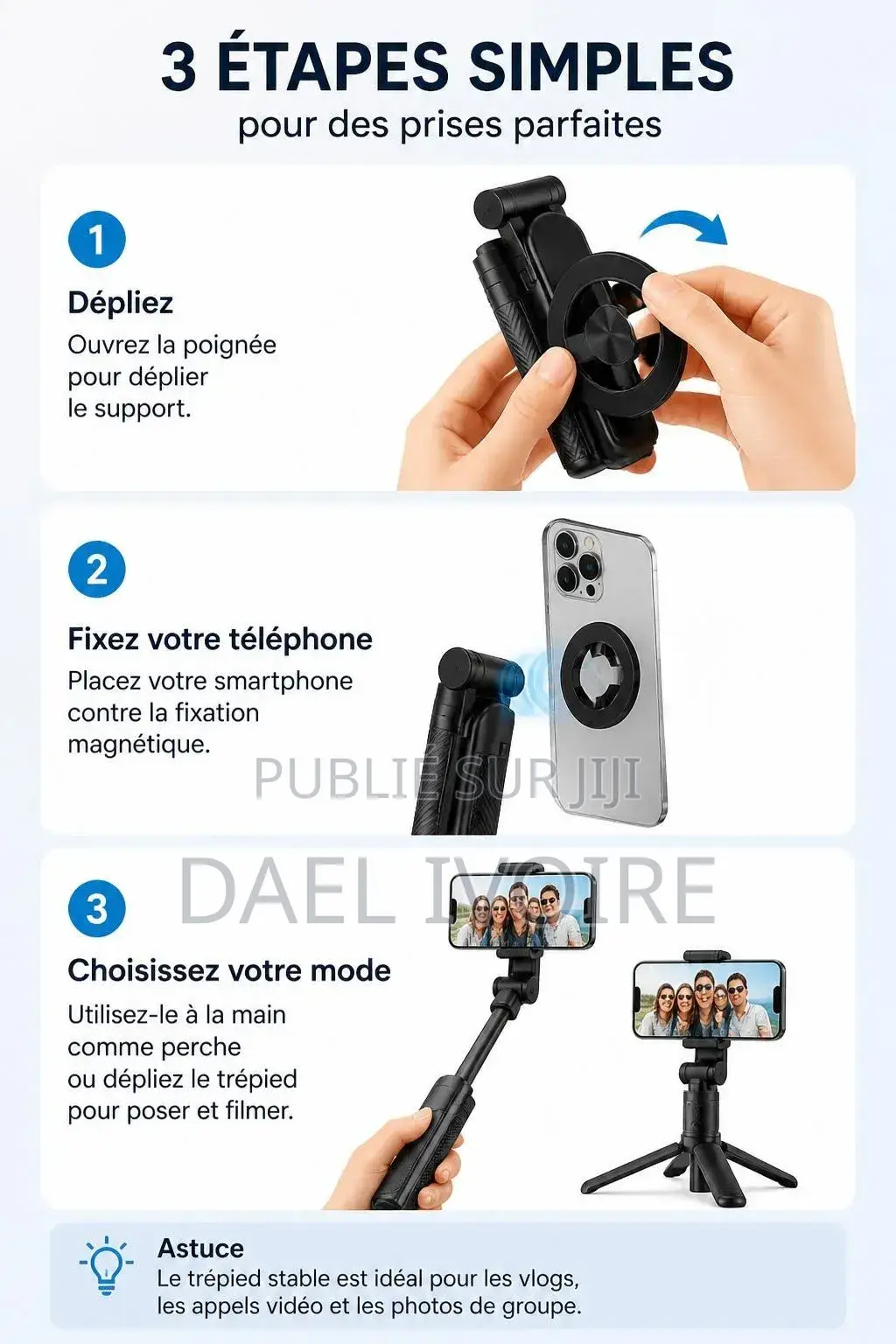 Perche À Selfie 3-en-1 Magnétique Portable Trépied Vlog
