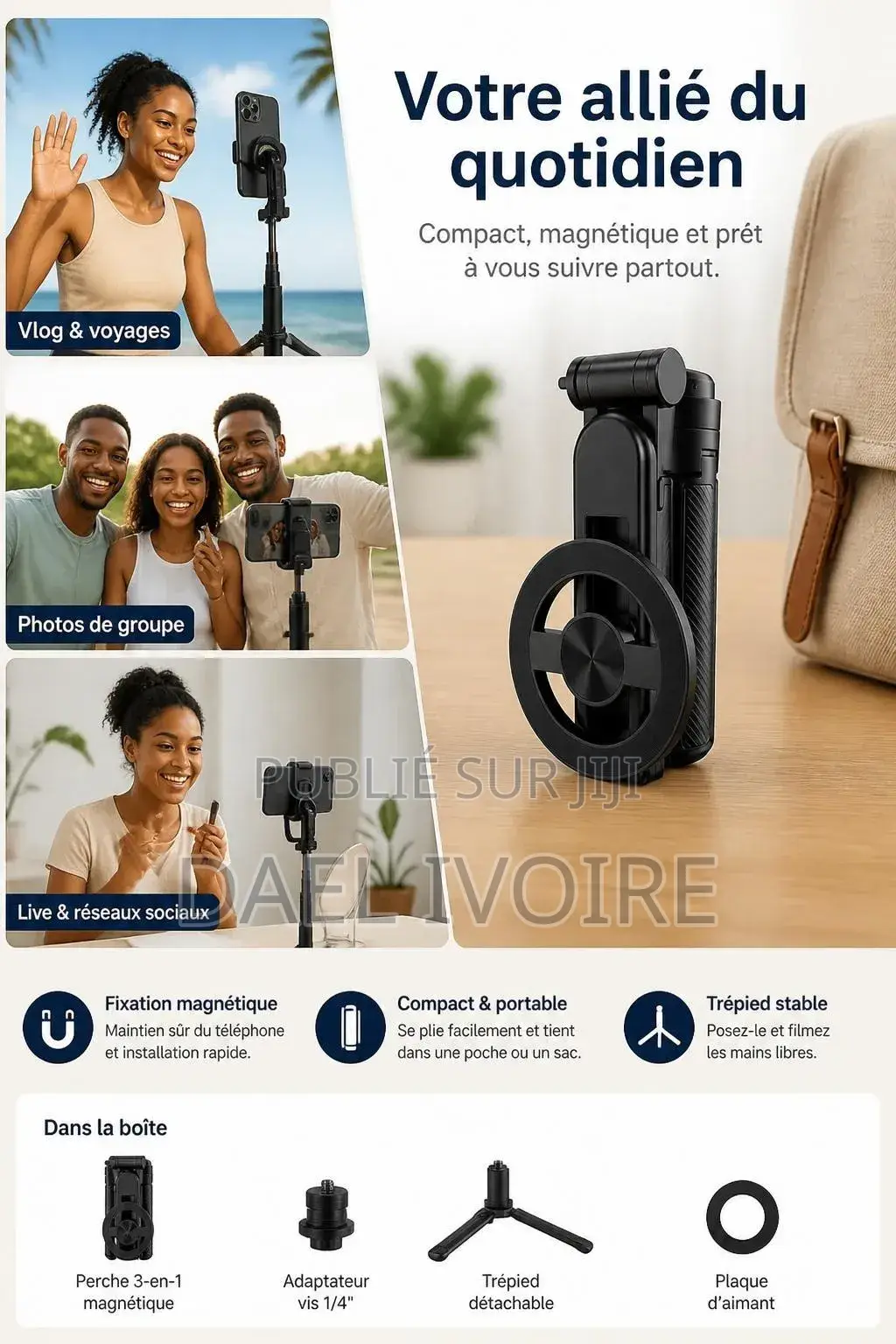 Perche À Selfie 3-en-1 Magnétique Portable Trépied Vlog
