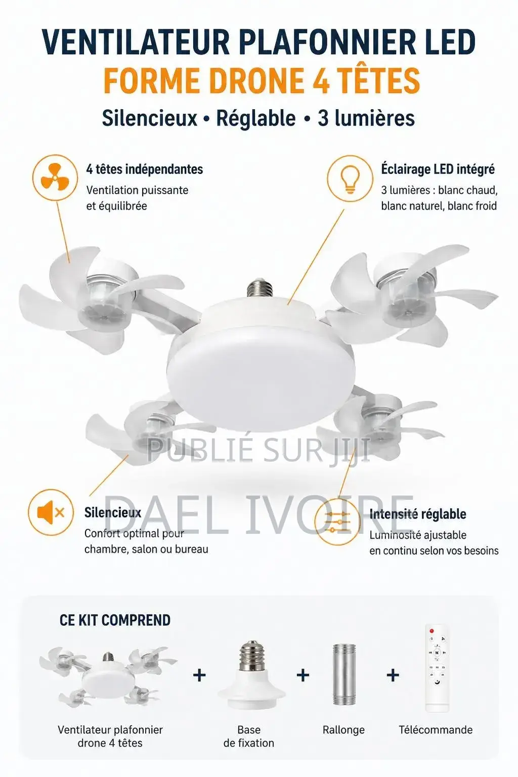 Ventilateur Plafonnier LED Forme Drone 4 Têtes, Silencieux Et Réglable