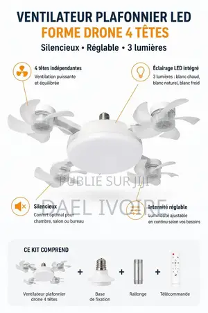 Ventilateur Plafonnier LED Forme Drone 4 Têtes, Silencieux Et Réglable