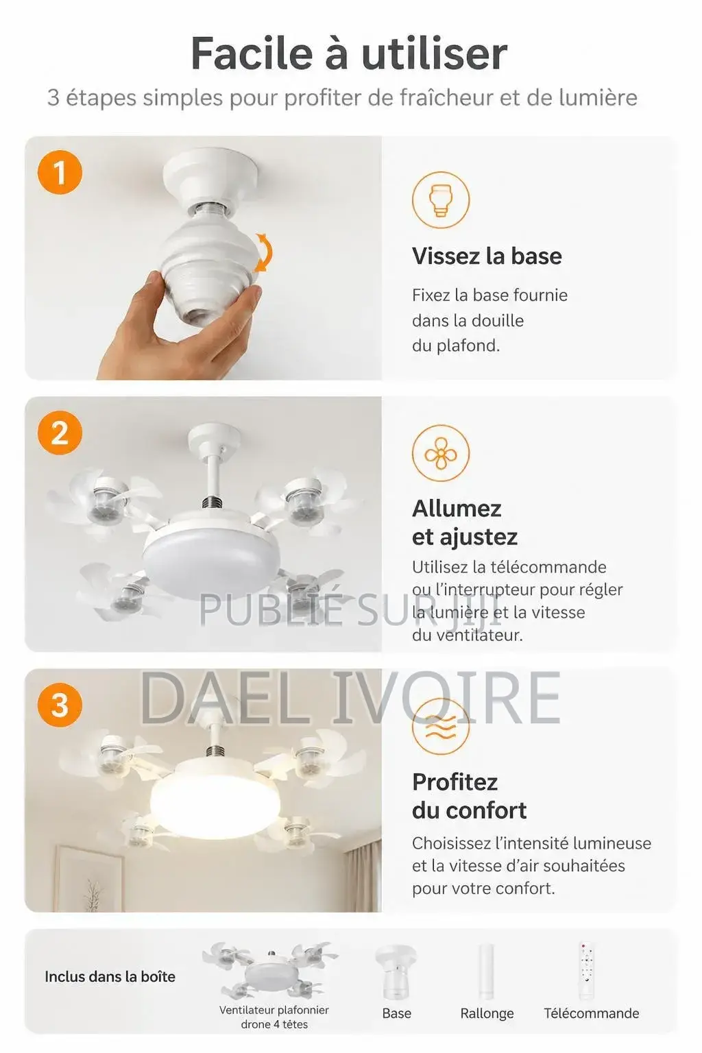 Ventilateur Plafonnier LED Forme Drone 4 Têtes, Silencieux Et Réglable