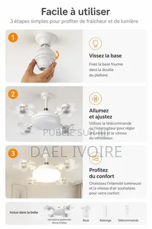 Ventilateur Plafonnier LED Forme Drone 4 Têtes, Silencieux Et Réglable
