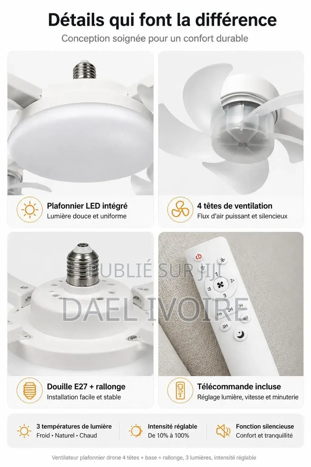 Ventilateur Plafonnier LED Forme Drone 4 Têtes, Silencieux Et Réglable