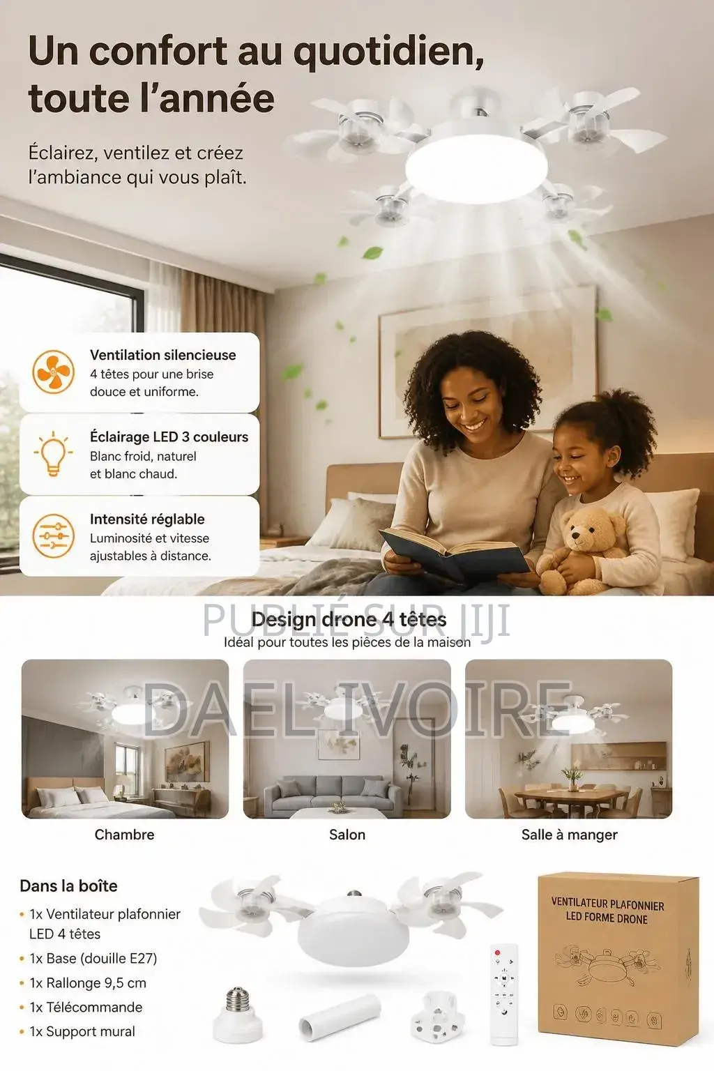 Ventilateur Plafonnier LED Forme Drone 4 Têtes, Silencieux Et Réglable