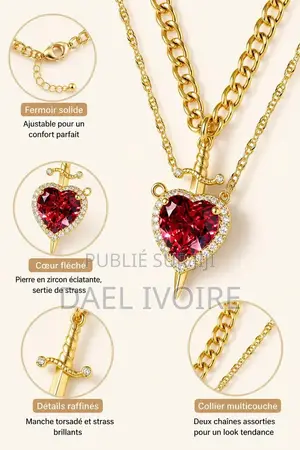 Collier Pendentif Cœur Fléché Serti De Zircons Multicouche Strass
