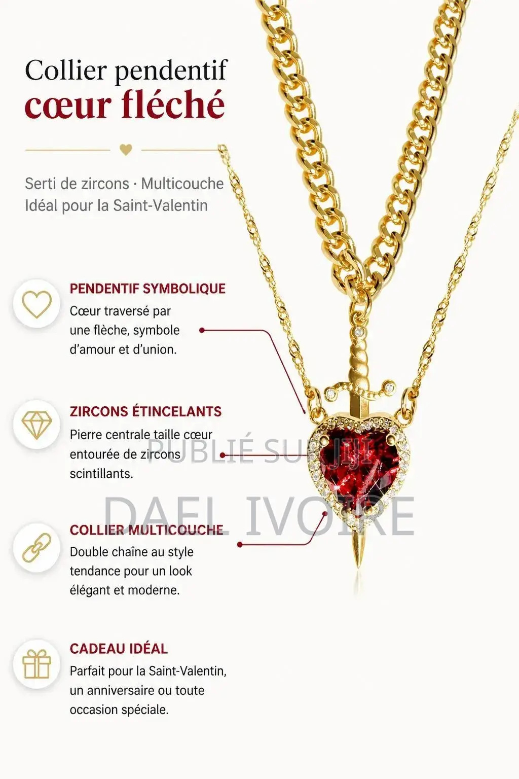 Collier Pendentif Cœur Fléché Serti De Zircons Multicouche Strass