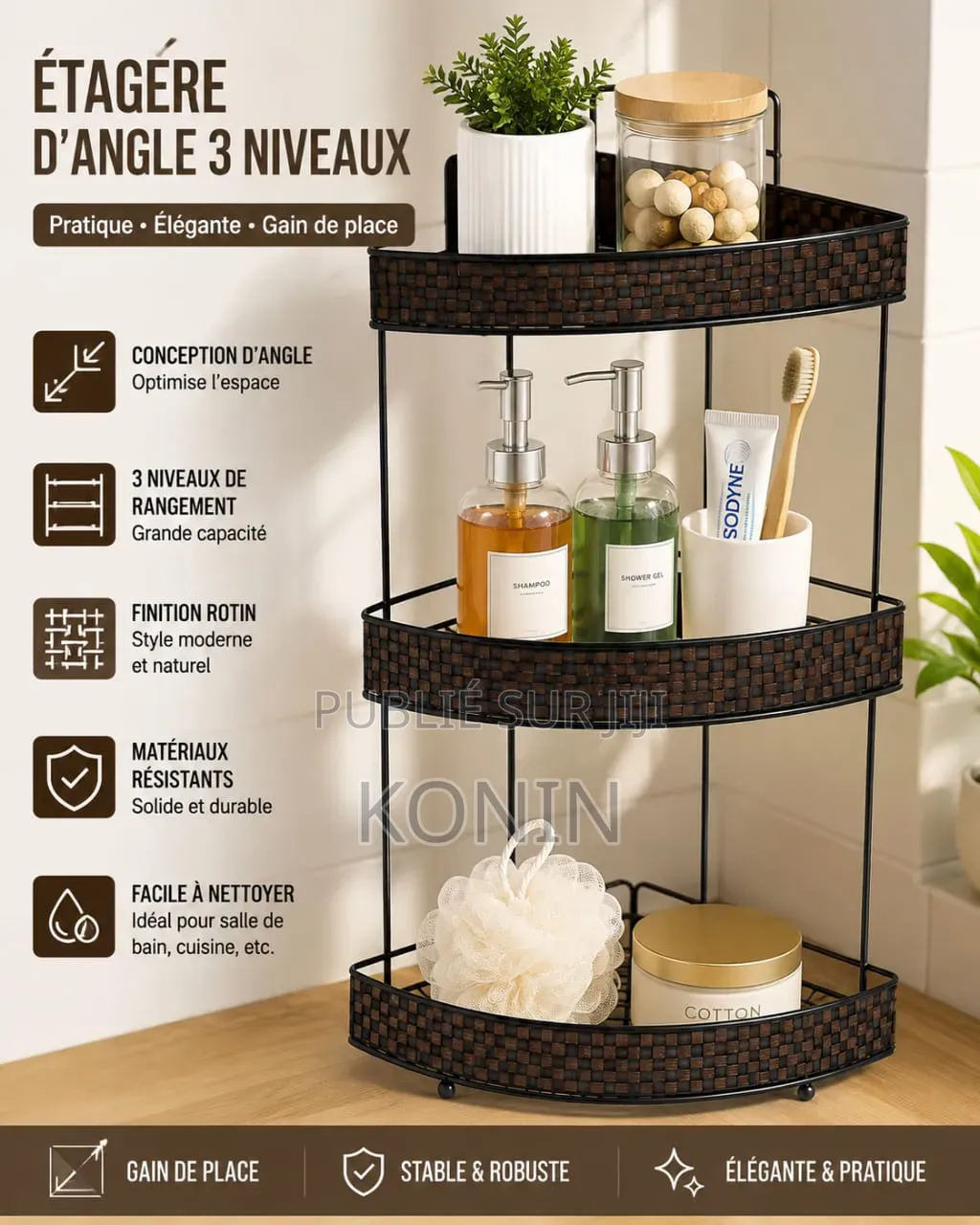 Étagère d'Angle 3 Niveaux – Rangement Compact Et Résistant
