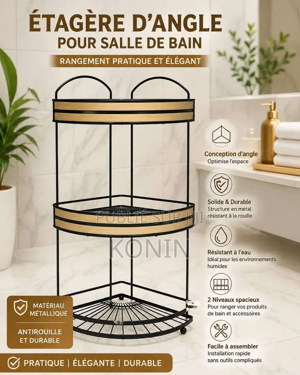 Étagère d'Angle 3 Niveaux – Rangement Compact Et Résistant