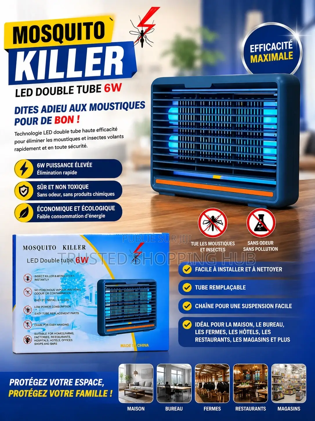 Destructeur D’insectes Électrique LED Double Tube 6W