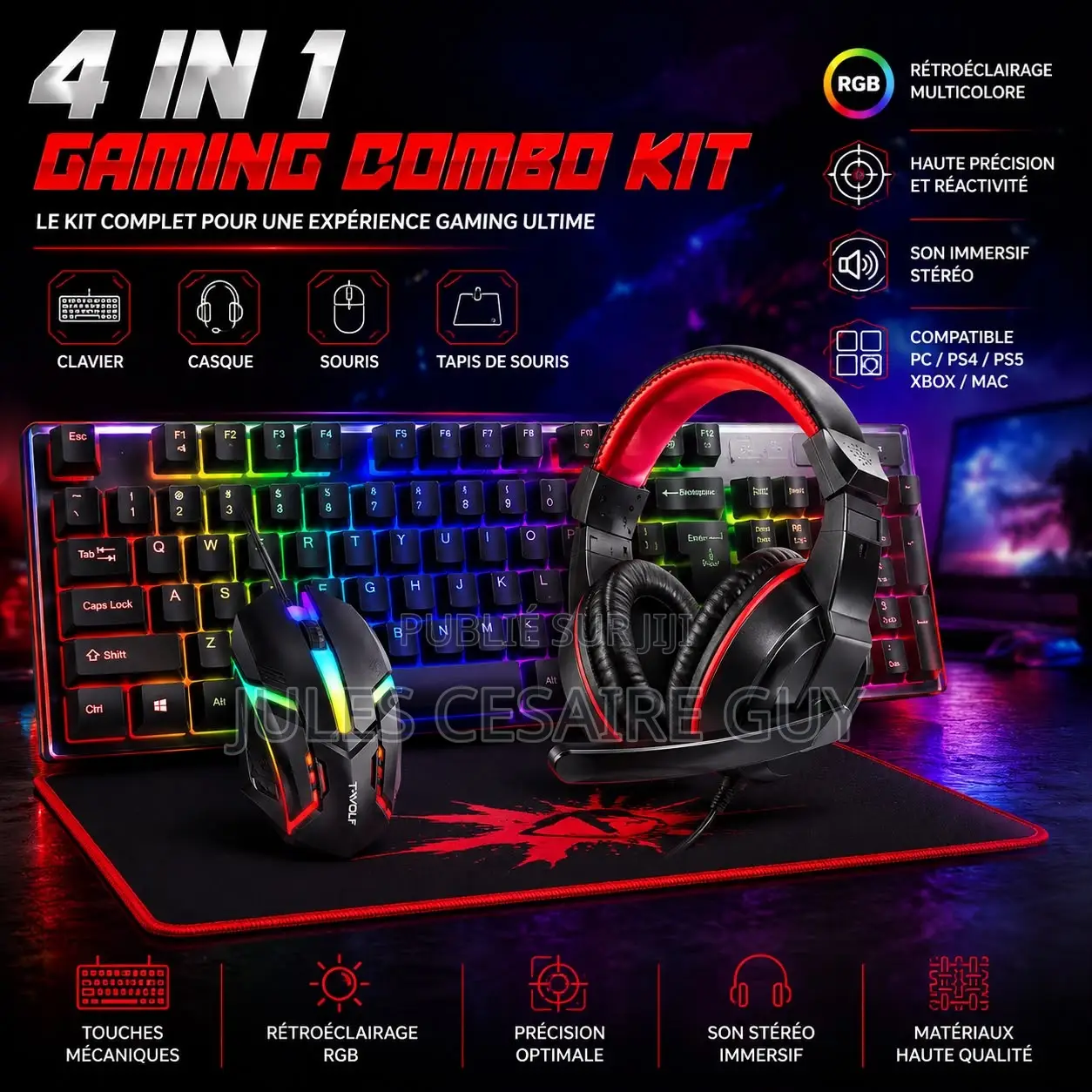 Pack Gaming 4-en-1 RGB : Clavier , Souris, Casque Audio Et Tapis