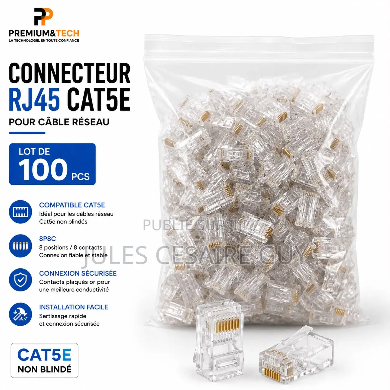 Lot De 100 Pieces Connecteurs RJ45 Cat5e - 8P8C Non Blindé