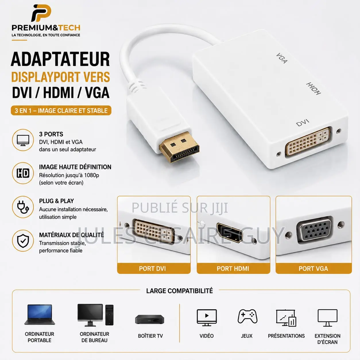 Adaptateur Convertisseur DisplayPort (DP) Vers HDMI / VGA / DVI