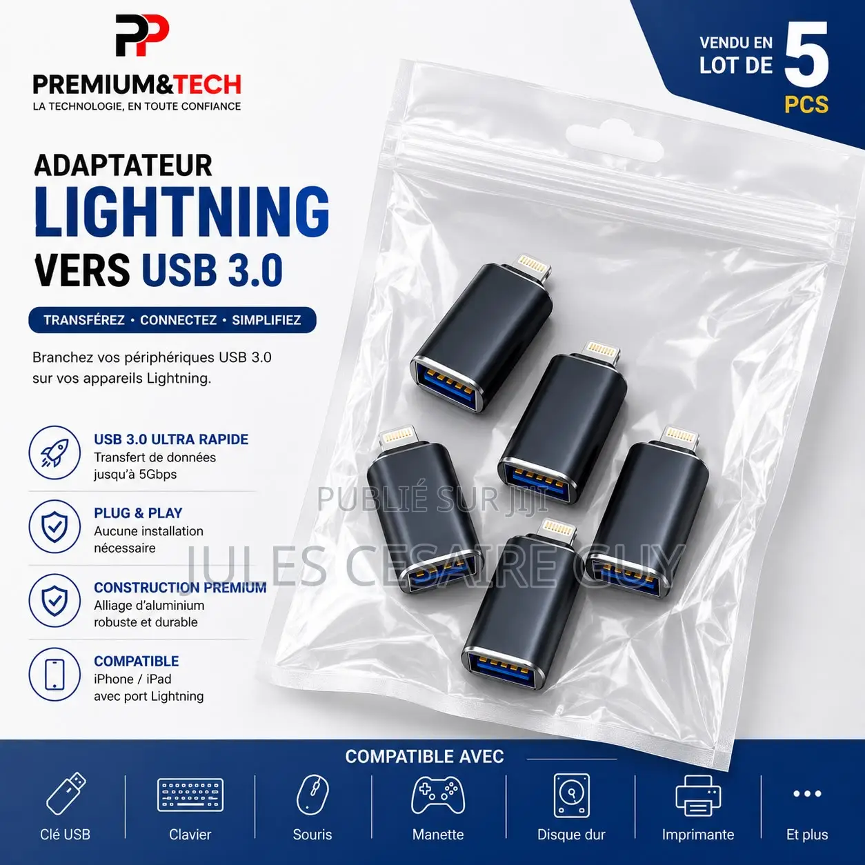 Lot De 5 Pièces Adaptateur Lightning Vers USB 3.0 OTG