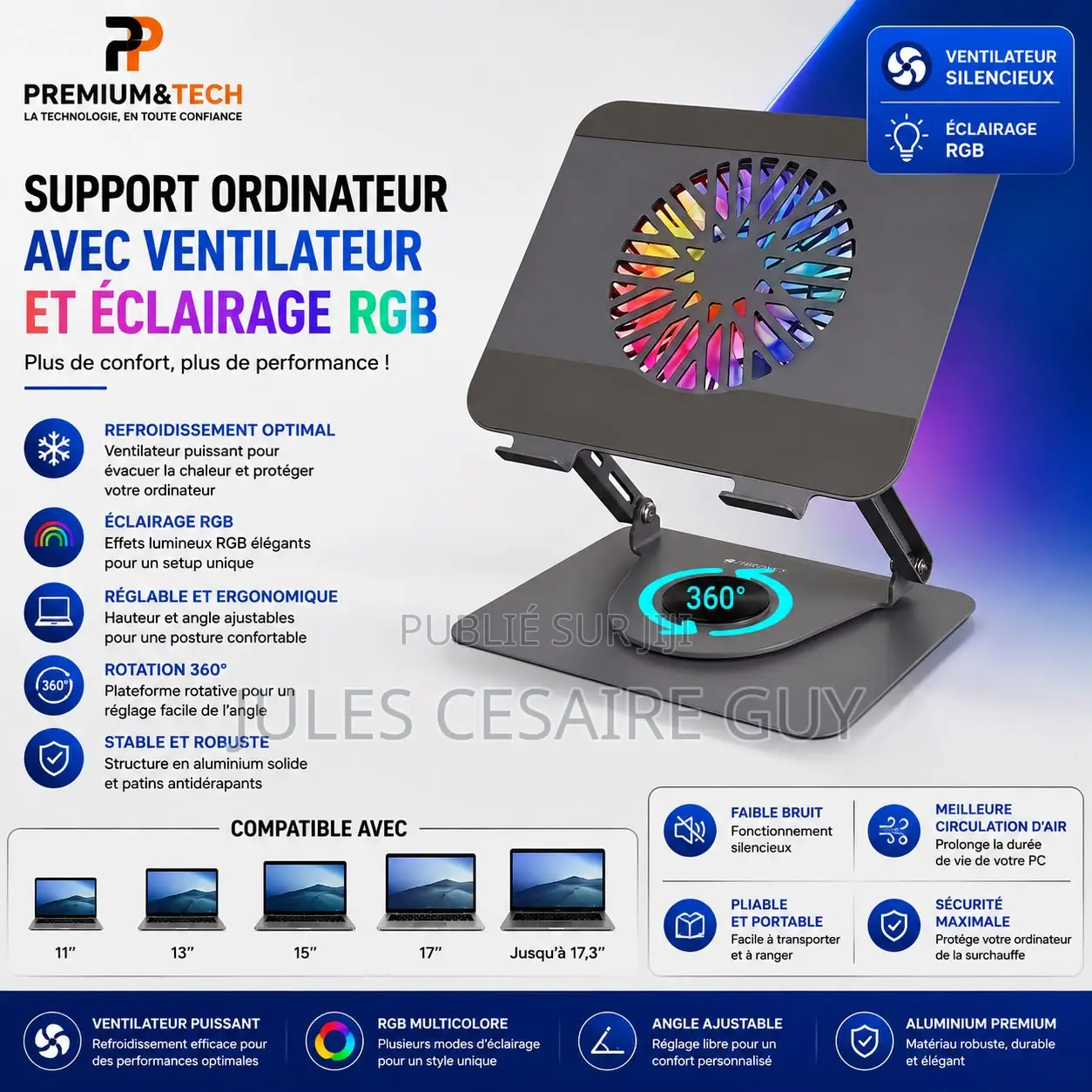 Support Refroidisseur Ordinateur Portable Rotatif 360°