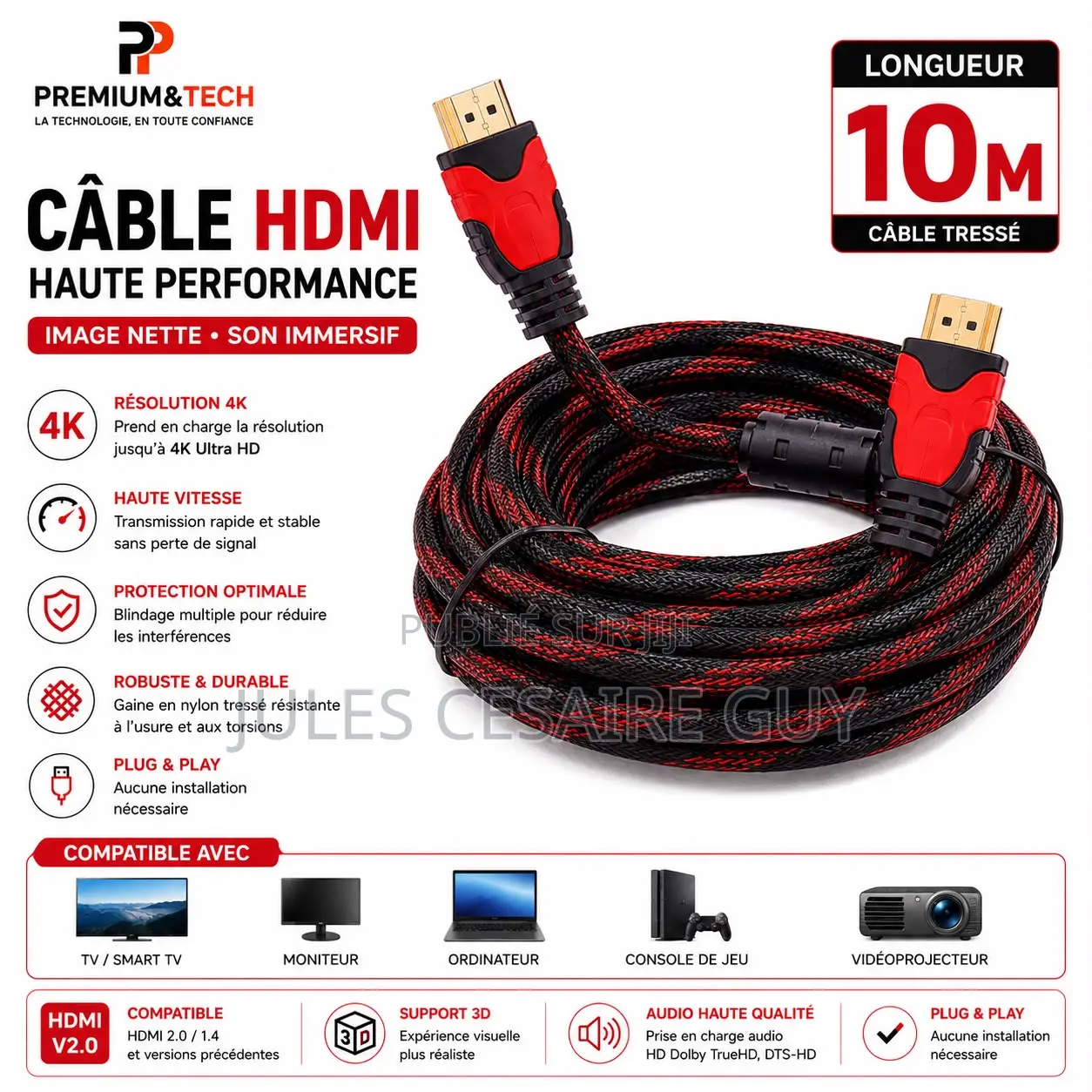 Câble HDMI 10M Haute Performance Ultra HD - Câble Nylon Tressé