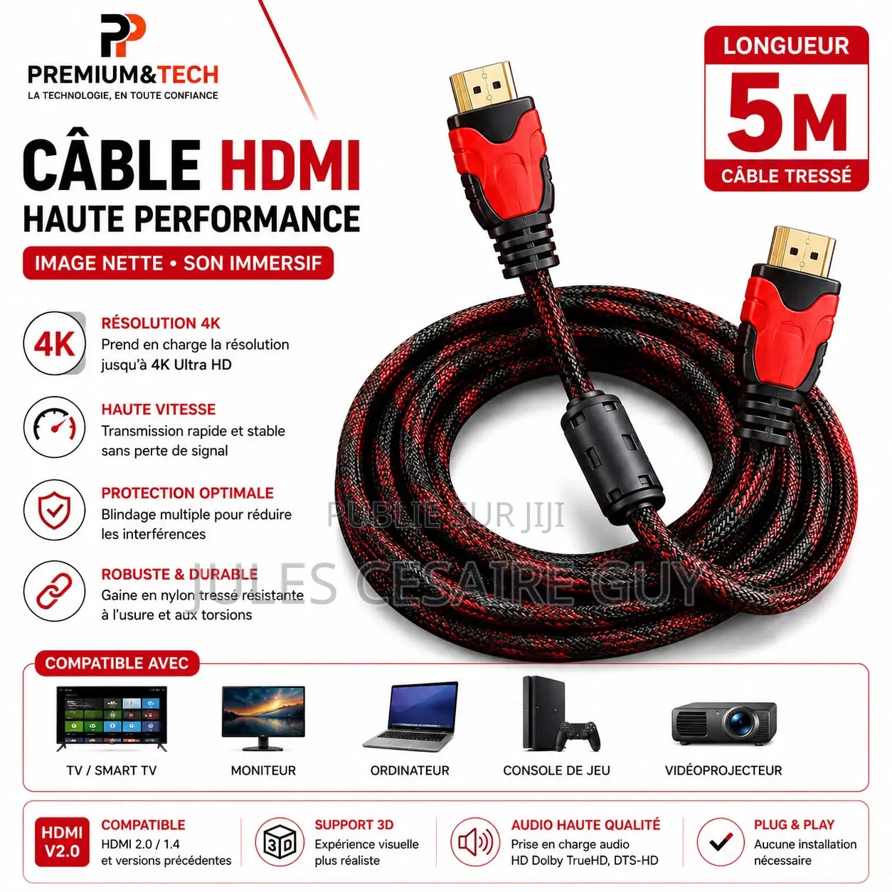 Câble HDMI 5M Haute Performance Ultra HD - Câble Nylon Tressé
