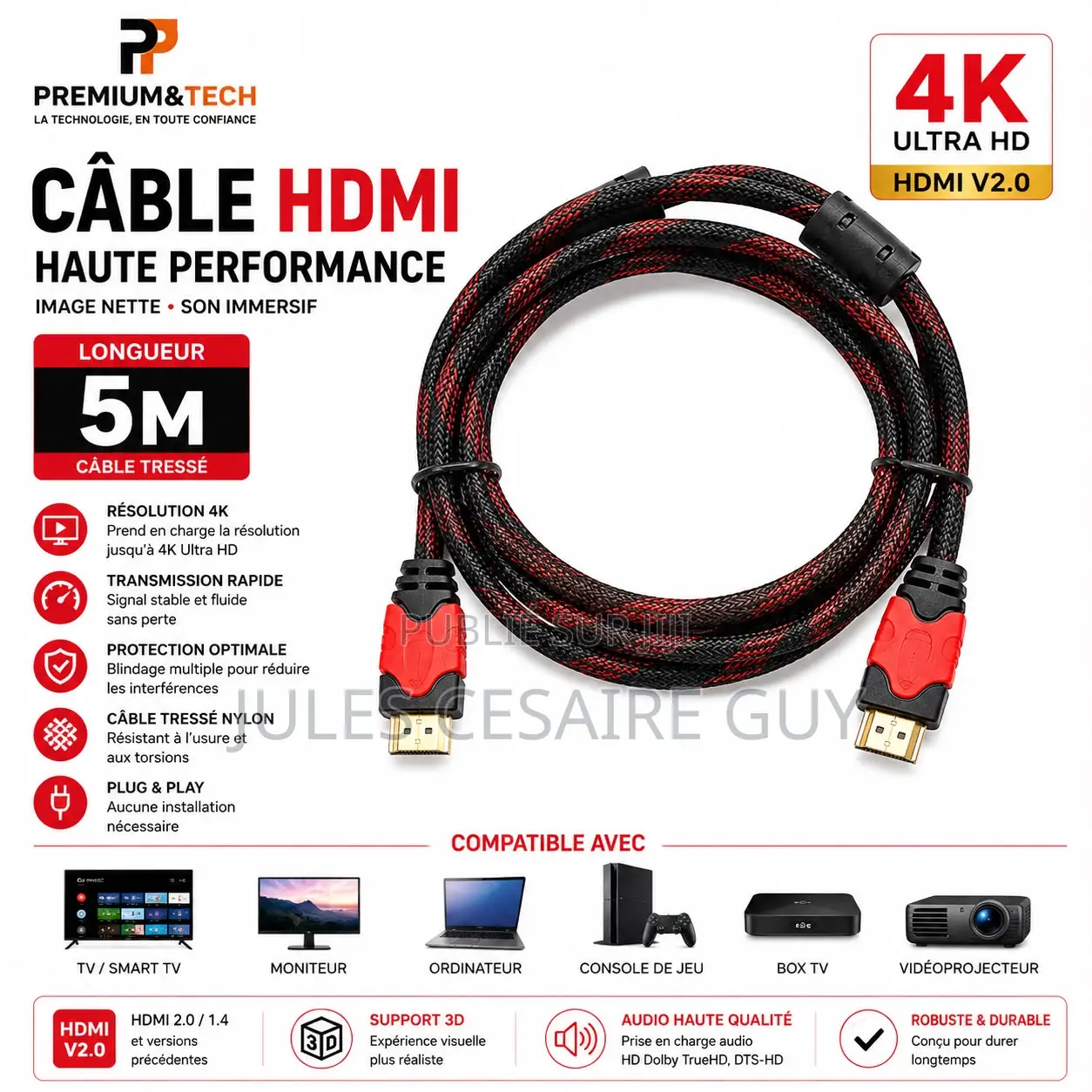 Câble HDMI 5M Haute Performance Ultra HD - Câble Nylon Tressé