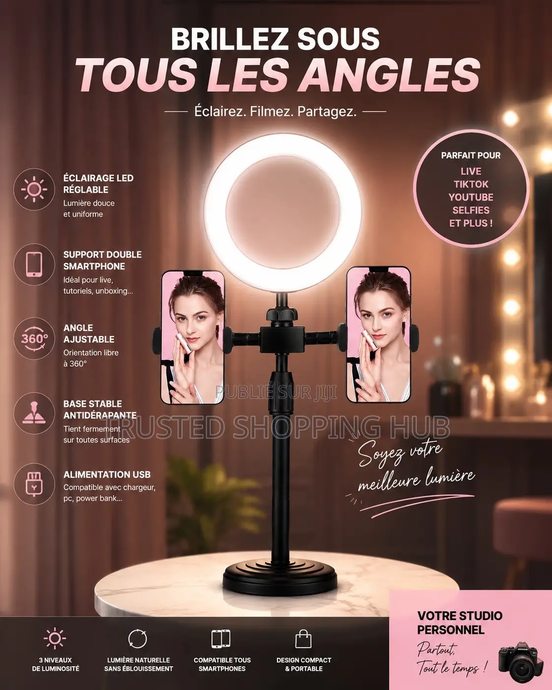 Support Pour Telephone Avec Anneau Lumineux LED De 6 Pouce