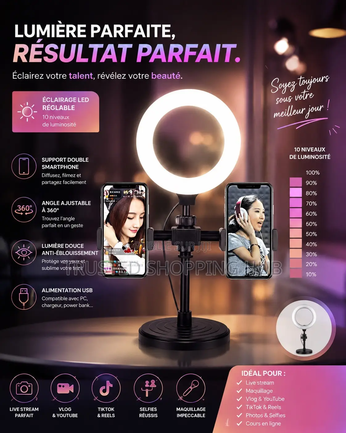 Support Pour Telephone Avec Anneau Lumineux LED De 6 Pouce