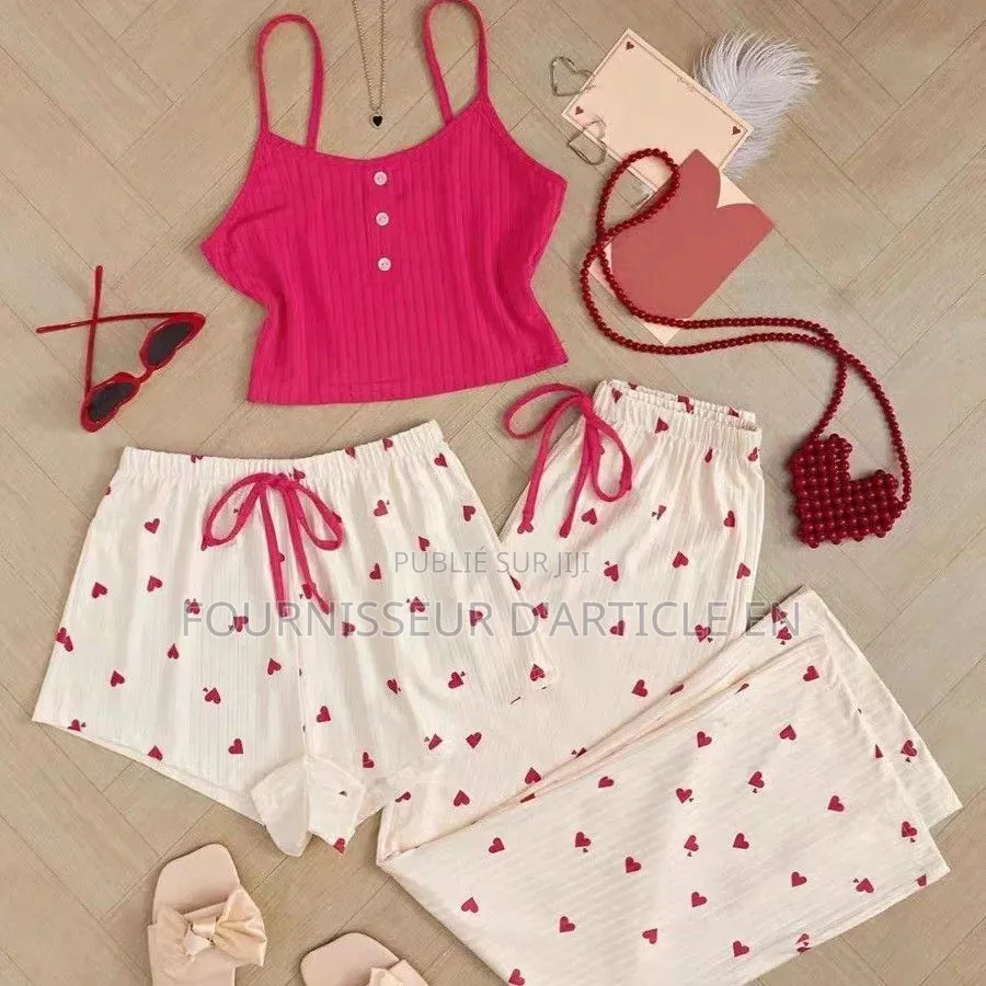 Ensemble Pyjama Trois Pièces À Imprimé Cœur