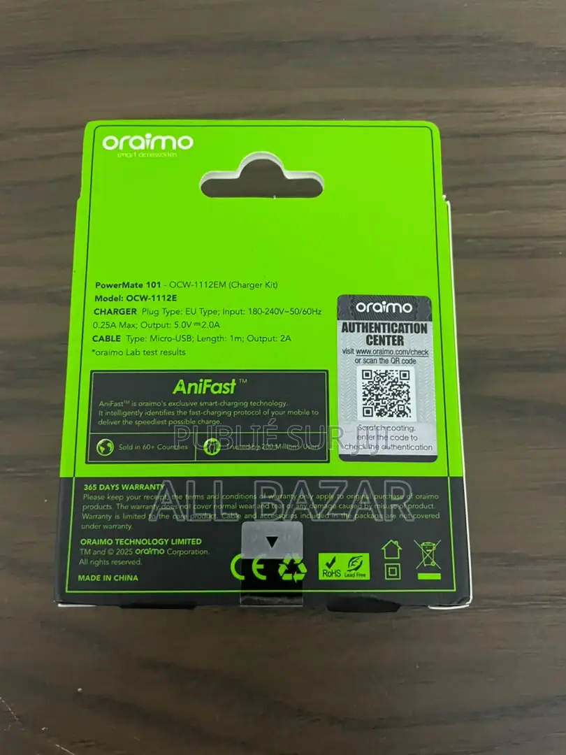 Oraimo PowerMate 101 – Chargeur Secteur 10W AniFast - Câble Micro-USB