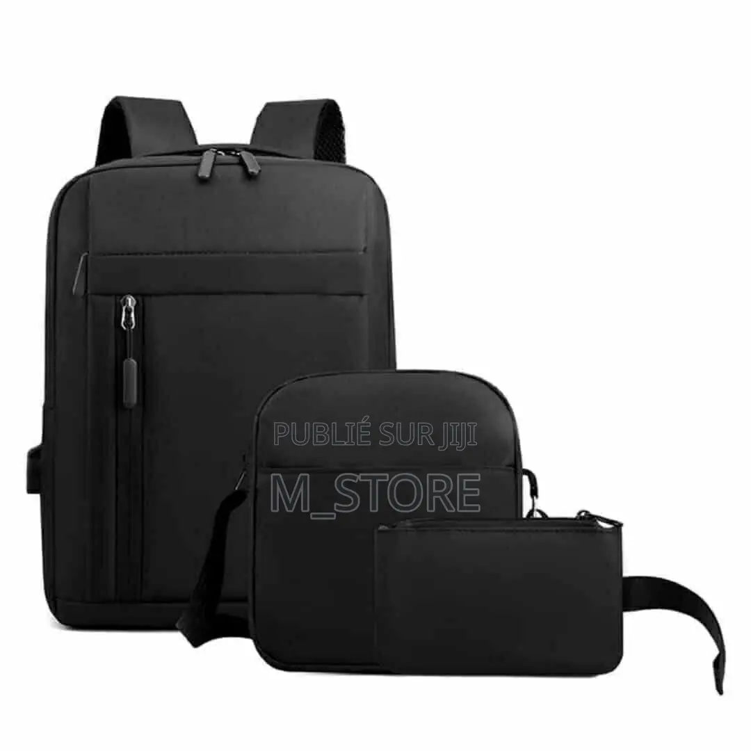 Ensemble Sac À Dos 3-en-1 Noir Avec Port USB (Sac, Sacoche & Pochette)