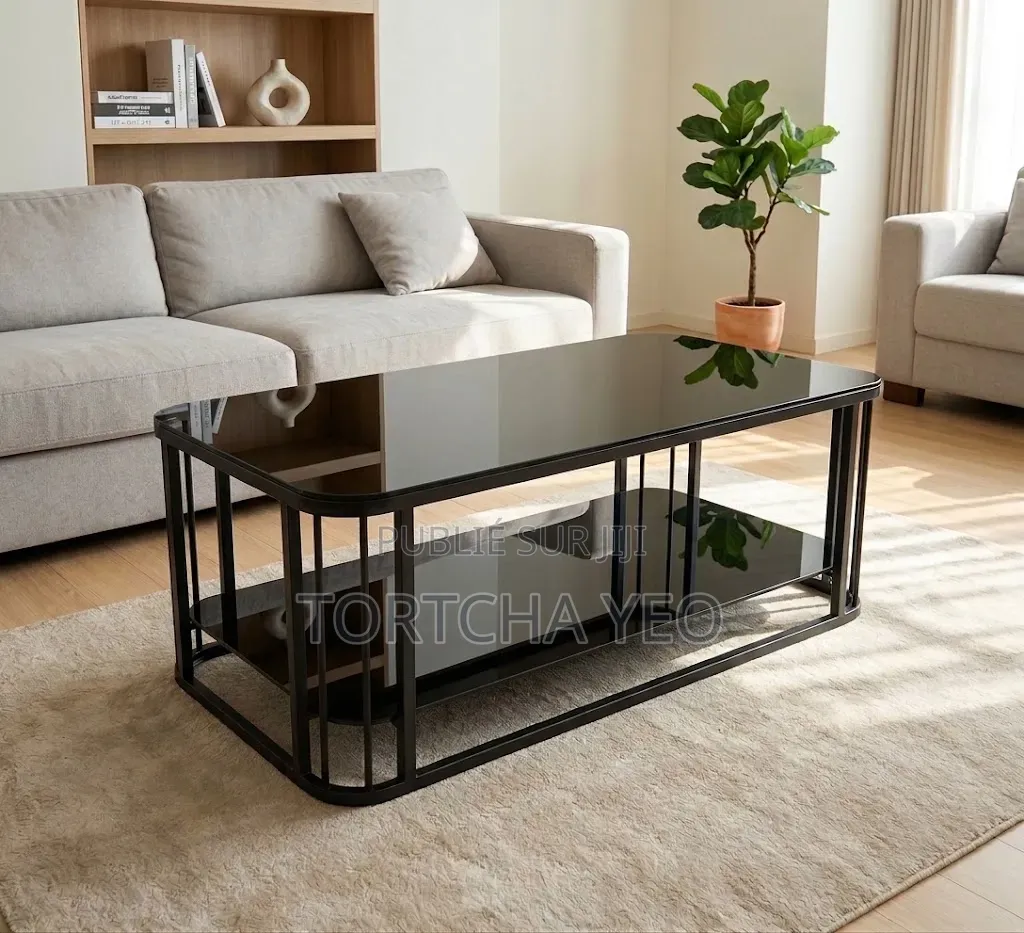 Table Centre Design Verre Trempé Noir – Double Plateau – Neuve