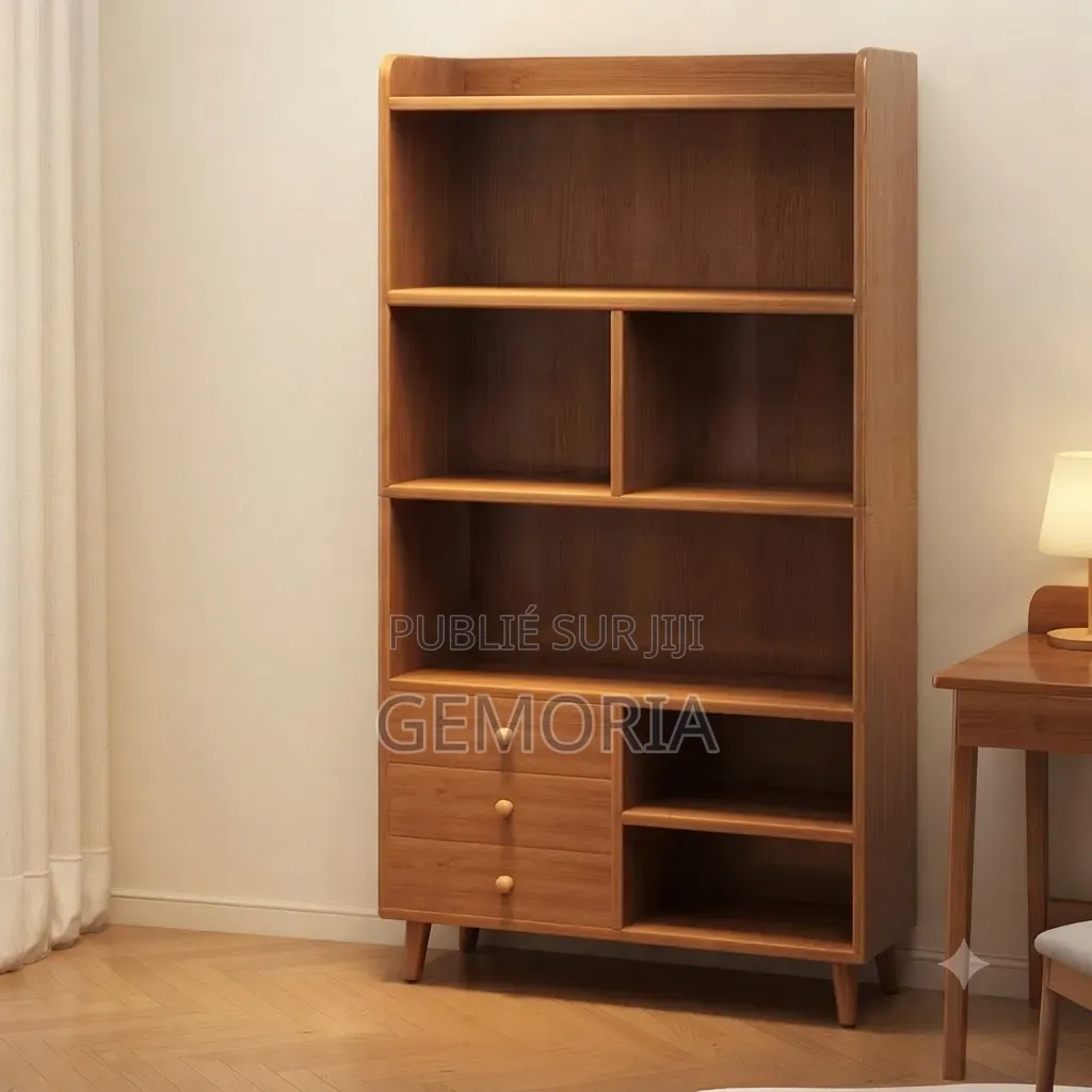 Bibliothèque Multi-Rangements Bois Ambré Avec Tiroirs & Niches