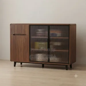 Buffet Bas Noyer & Portes en Verre Strié