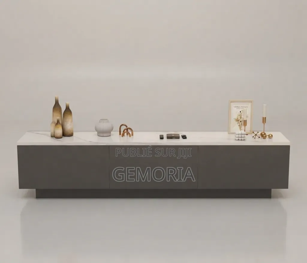 Meuble TV Bas Minimaliste Effet Marbre Blanc & Gris Anthracite