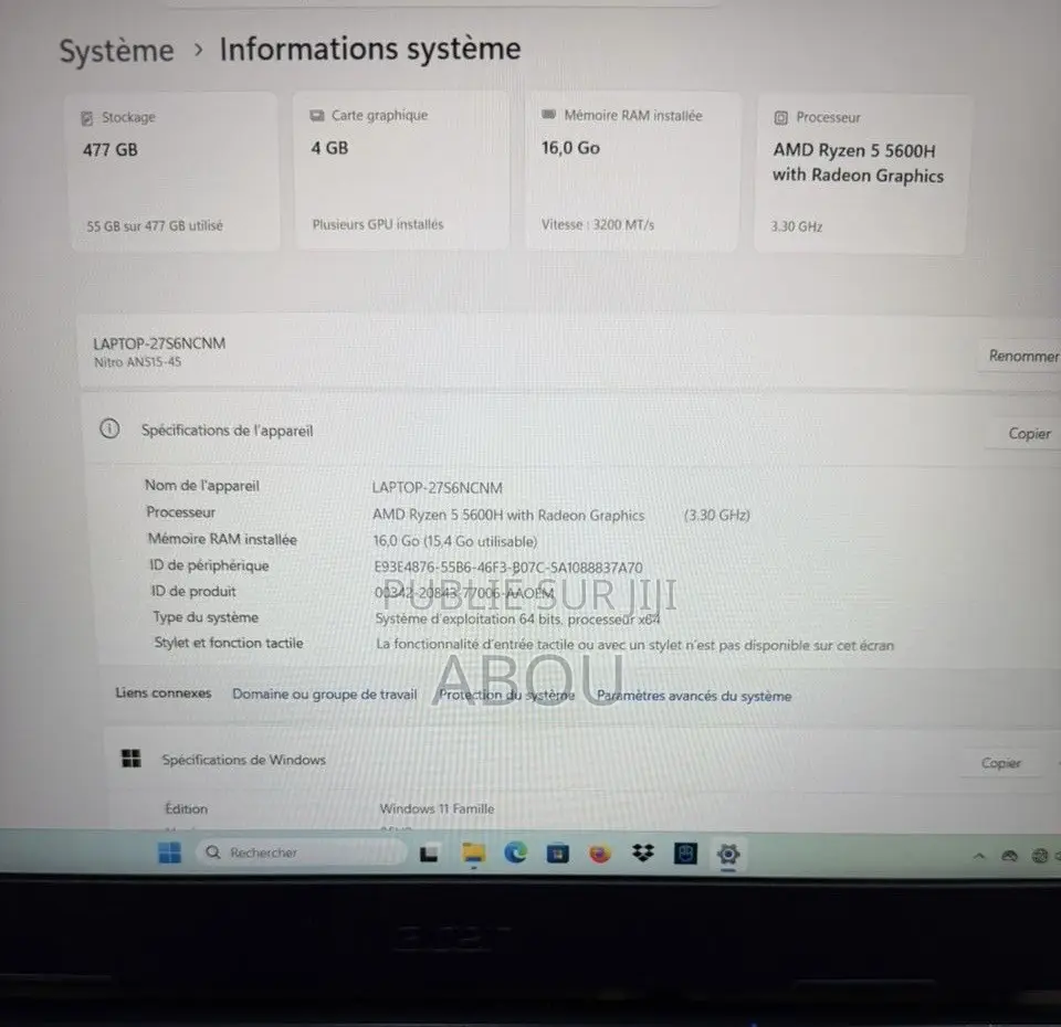 Nouveau Ordinateur portable Acer Nitro 5 16GB AMD Ryzen 5 SSD 512GB