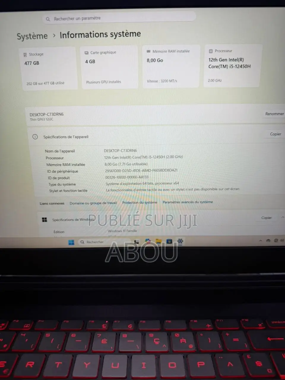 Ordinateur portable MSI GF63 16GB Intel Core i5 SSD 512GB