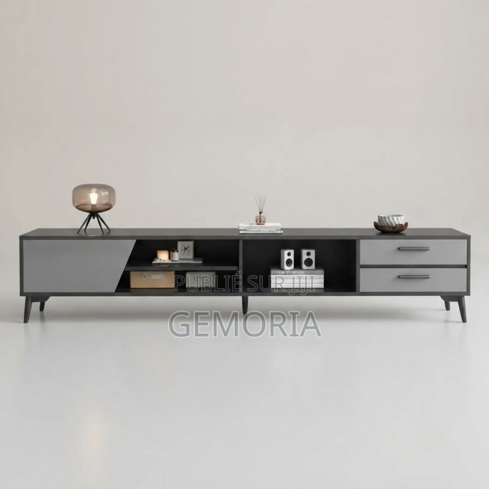 Meuble TV Bas Architecturale Noir Mat Gris Minéral