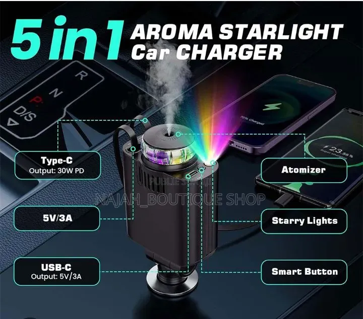Chargeur Voiture Rétractable 5 en 1 Avec Aromathérapie Et Lumière Led