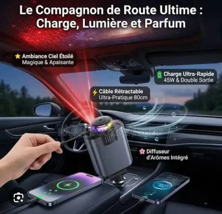 Chargeur Voiture Rétractable 5 en 1 Avec Aromathérapie Et Lumière Led